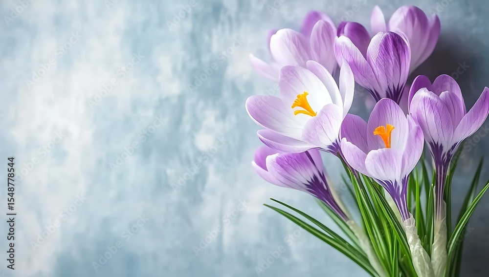 Fototapeta premium A closeup of delicate purple crocuses in focus with a blurred background, creating an elegant and calming composition.