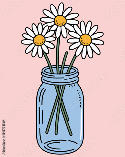 Hand-Drawn Daisies in Blue Mason Jar – Pastel Floral Illustration on Pink Background