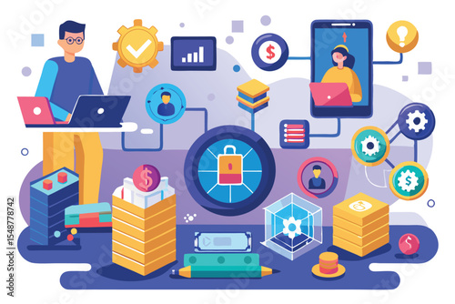 Creative digital workspace with technology elements and online learning scenarios depicted in vibrant colors