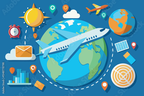 Travel and exploration concept with airplane and global icons highlighting world destinations and activities
