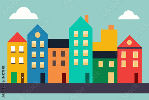 Vector illustration of urban city street with houses and buildings, a cartoon town architecture design