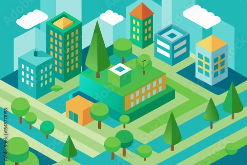 Green city landscape vector illustration with isometric buildings and urban architecture set