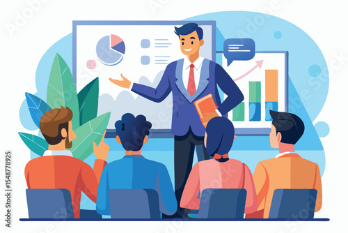 Business presentation in a bright conference room with engaging speaker and attentive audience members