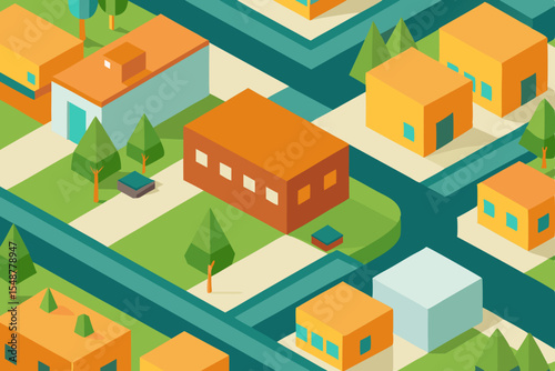 Isometric vector illustration of city residential buildings and urban architecture plan