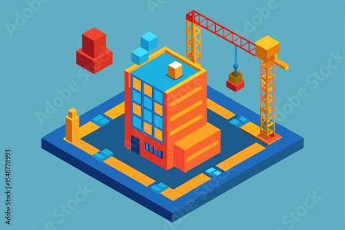 Isometric Building Construction Crane, Blocks, and Modern Architecture Design