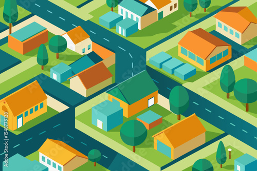 Isometric Suburban Neighborhood A Detailed View of Homes, Roads, and Greenery