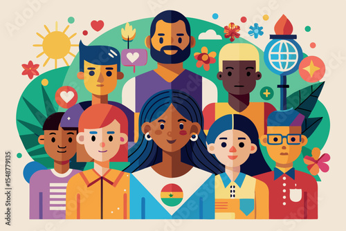 Diverse group of individuals standing together with symbols of unity and nature in a vibrant setting