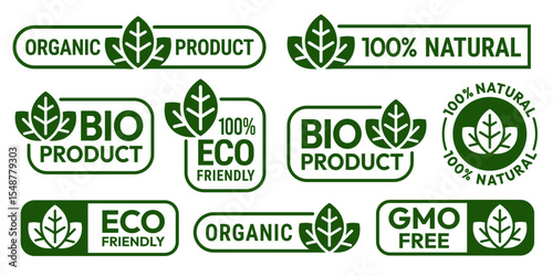 Set of eco friendly icons. Ecologic food stamps. Organic natural food labels.