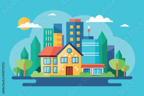 Colorful city landscape featuring modern buildings and a cozy house surrounded by trees during daytime