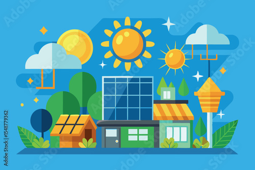 Colorful illustration of a sustainable village with solar panels and green trees in a bright blue sky