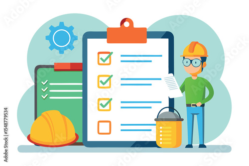 Construction worker checking safety checklist at a worksite with tools and equipment