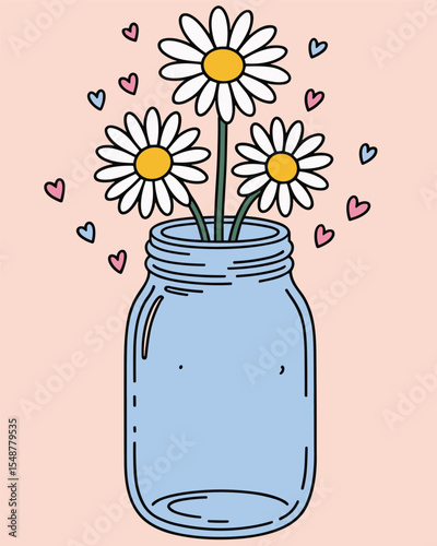 Hand-Drawn Daisies in Blue Mason Jar – Pastel Floral Illustration on Pink Background