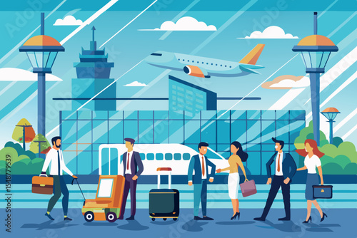 Busy airport terminal bustling with travelers and personnel during daylight