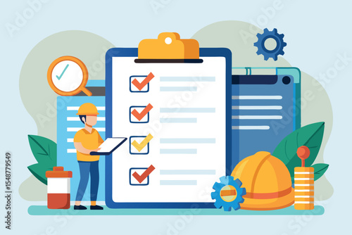 Construction worker reviewing safety checklist with equipment and documents in an office environment during daytime