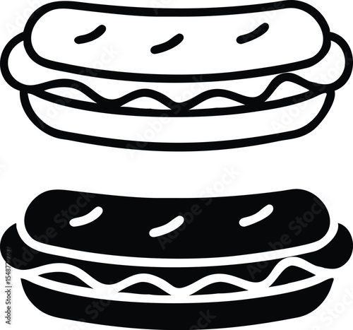 Minimalist Hot Dog Icon – Black & White Line Art, Isometric Vector Food Illustration