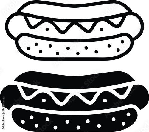Minimalist Hot Dog Icon – Black & White Line Art, Isometric Vector Food Illustration