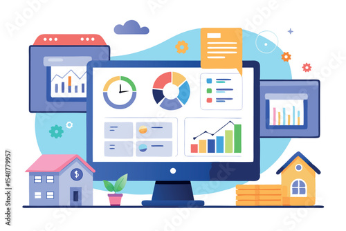 Data analysis dashboard displays various graphs and statistics related to real estate market trends within a modern workspace