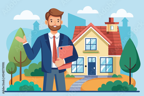 Real estate agent presenting a charming house in a suburban neighborhood during a sunny day