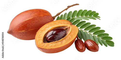 Tropical Fruit Composition  Whole and Halved Irvingia Gabonensis with Leaves, Isolated on Transparent Background, Irvingia, African Mango, Fruit, Tropical Fruit, Plant, Food