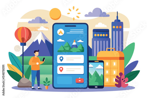 Mobile technology facilitates travel planning and exploration in a vibrant city landscape