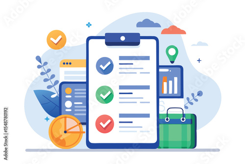 Checklist with completed tasks and progress indicators on a work desk with various icons and graphs