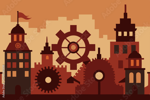 Steampunk Cityscape Gears, Architecture, and Industrial Revolution Design