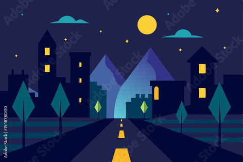 Night Cityscape Serene Road Leading to Majestic Mountains Under a Full Moon
