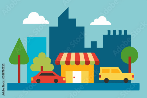 Vibrant Cityscape Charming Buildings, Cars, and Lush Greenery