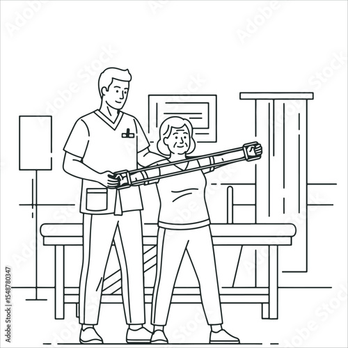 Physical Therapist Assisting Elderly Woman with Resistance Band Exercise, minimalist editable vector