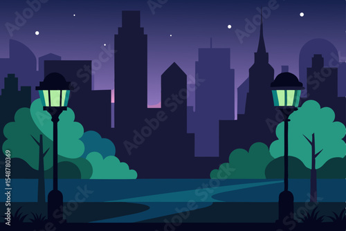 Night City Park Serene Cityscape at Dusk, Illuminated Pathways