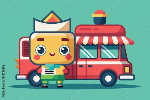 Colorful food truck illustration featuring a cheerful character holding a menu