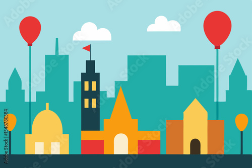 Vibrant Cityscape with Balloons A Festive Urban Illustration