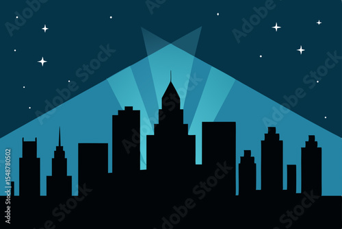 Night Cityscape Dramatic Silhouette Skyline under Spotlight