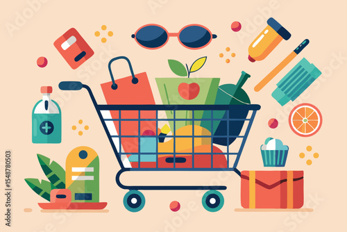 Colorful shopping cart filled with groceries and supplies in a playful, modern design