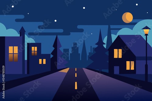 Serene Night Cityscape Road at Night, Peaceful Suburban Street Scene