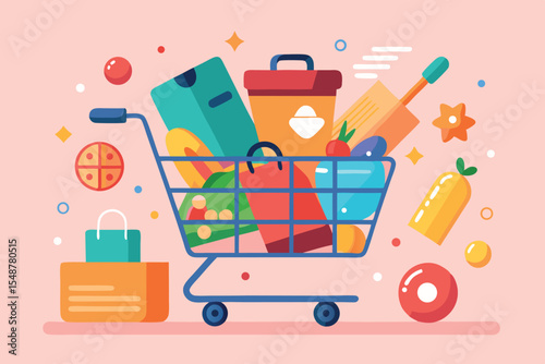 Colorful shopping cart filled with various grocery items and household products on a pastel background