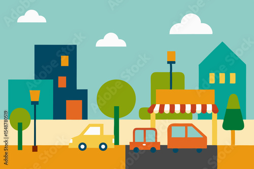 Vibrant Cityscape Illustration Colorful Buildings, Vehicles, and Trees