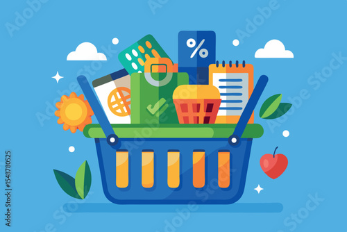 Shopping basket filled with groceries, digital tools, and essentials against a bright blue background
