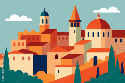 Vibrant Mediterranean Cityscape A Colorful Illustration of Architectural Wonders