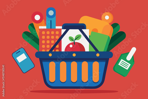 Colorful shopping basket filled with groceries, including fruits and household items against a bright background