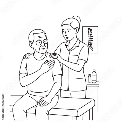 Physical Therapist Assessing Shoulder Pain of Elderly Patient Minimalist Editable Vector