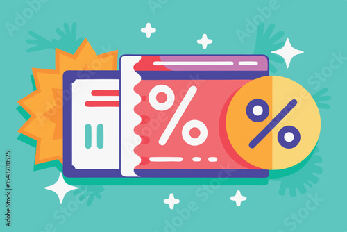 Discount vouchers swirl around a vibrant background with symbols of savings and excitement for shoppers in a lively market scene