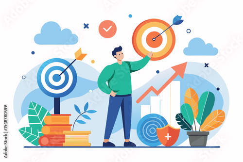 Goal setting and achievement concept illustrated with targets, charts, and plants in a modern digital workspace environment