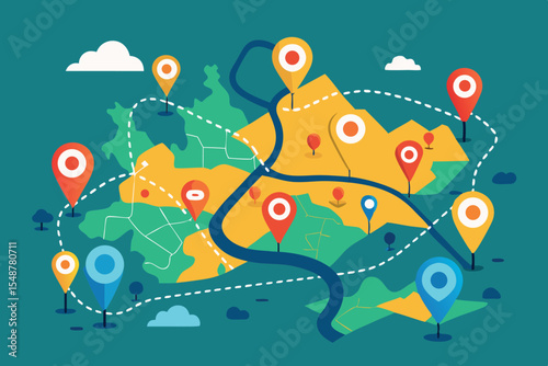Colorful map illustration depicting various locations and routes for navigation purposes