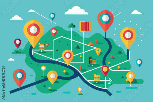 Colorful map illustrating various locations and pathways in an open landscape under a clear sky