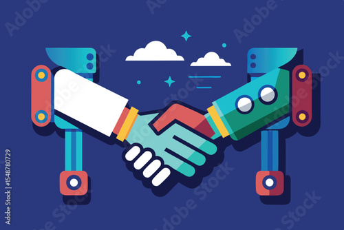 Collaboration between human and robot hands symbolizes unity and innovation in technology at a futuristic setting