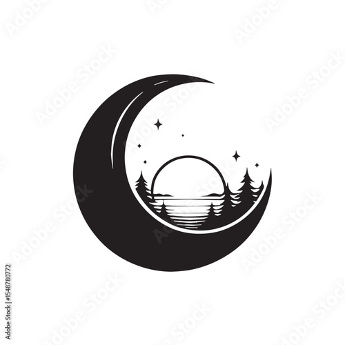Black Crescent moon  Silhouette Vector, High Quality Illustration on White Background