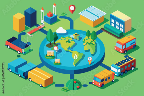 Digital illustration of a global transportation network connecting cities and services through roads and vehicles