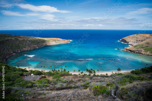 Foto A scenic view of Hanauma Bay on the island of Oʻahu, Hawaii, showcasing the clear turquoise waters, coral reef, and lush coastal surroundings of this iconic natural preserve