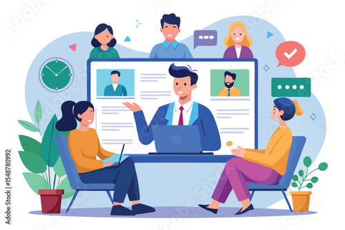 Group of professionals engaged in a virtual meeting with a presenter and participants on screen from a modern office setting